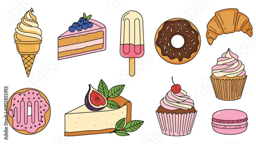 Large collection of diverse desserts including ice cream, cake slices, donuts, cupcakes, a croissant, and a macaron.