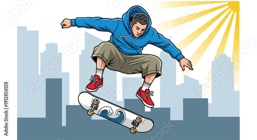 Young man performing a skateboard trick in an urban setting with a vibrant city backdrop.