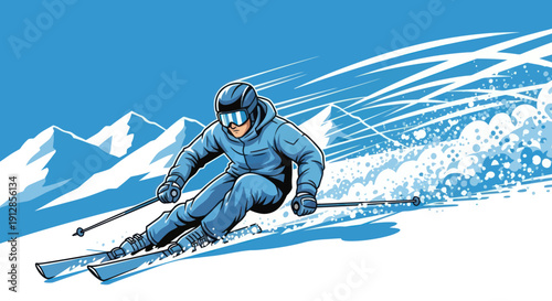 Dynamic downhill skiing action in snowy mountains