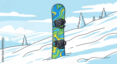 Colorful Snowboard in Snowy Mountain Landscape