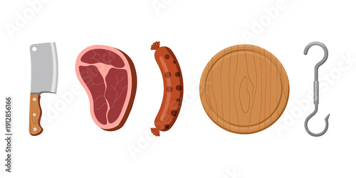 Meat cutlery kitchen utensils and food items on white background