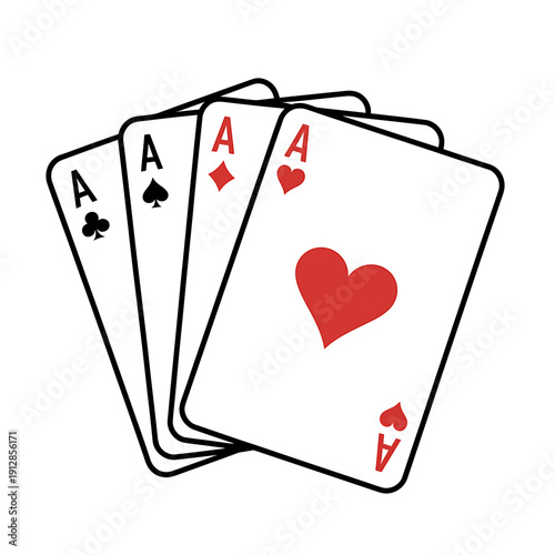 Four aces playing cards fanned out in a row isolated on white background