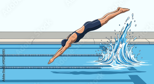 Female swimmer dives into a swimming pool with a powerful water splash.