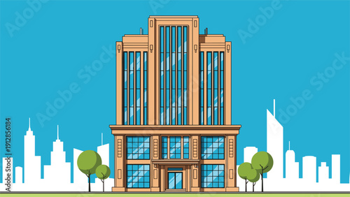 Large art deco style skyscraper building with a symmetrical facade set against a blue sky and distant city skyline.