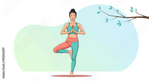 Woman practicing yoga tree pose with hands in prayer.