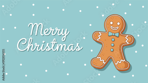 Simple christmas greeting card featuring a friendly gingerbread man icon on a light blue background with falling snow.