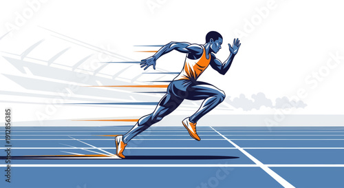 Dynamic sprint of a male athlete on a blue running track.