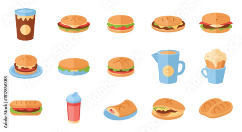 Collection of colorful flat design fast food and drink icons on a white background.
