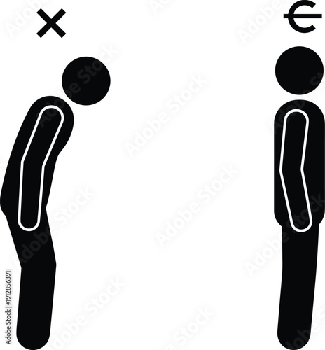 Comparison of Good and Bad Posture Stick Figure Icon Featuring a Slouching Person and a Man Standing Straight for Ergonomics