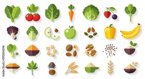 Collection of fresh fruits, vegetables, and grains