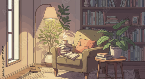 A cozy reading nook scene with books, coffee, and plants in Lofi style illustration
