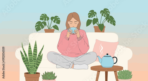 Young woman enjoying a warm drink while relaxing at home.