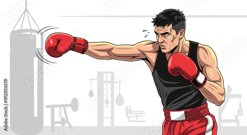 Powerful illustration of a man boxing and training with a heavy punching bag.