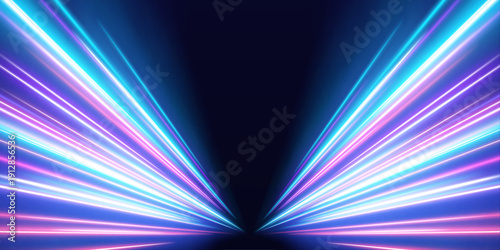 Vibrant light trails twist and overlap in pink, blue, and purple, creating energetic motion. Each streak radiates intensity. Perfect for digital backgrounds.
