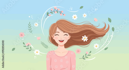 Happy woman with flowing hair and flowers in spring breeze