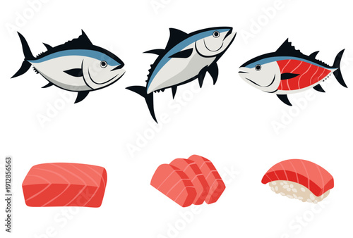 Set of tuna fish isolated on a white background. Vector illustration cartoon flat	
