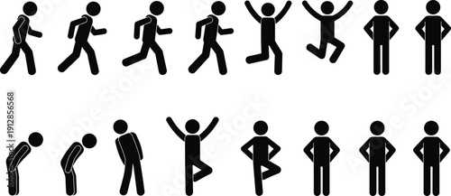 Comprehensive collection of stick figure icons depicting various human activities including walking, jumping, praying, cleaning, delivery services, and mythical character silhouettes