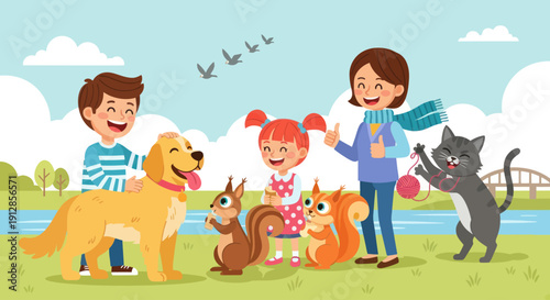 Family enjoys time with pets in a park