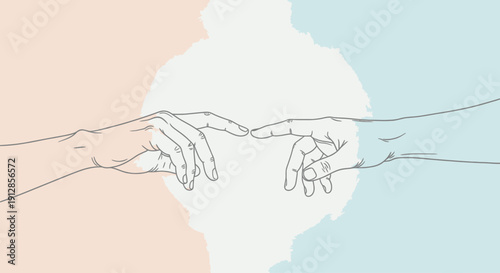 Two hands reaching to touch fingertips with soft pastel background.