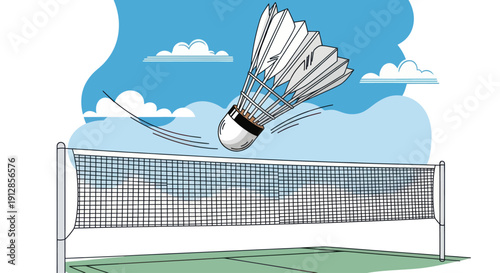 Badminton game with shuttlecock flying over the net outdoors.