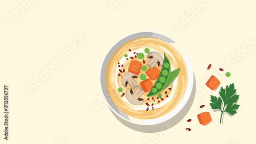 Top down view of a bowl of creamy vegetable soup garnished with mushrooms green peas and chopped orange carrots.