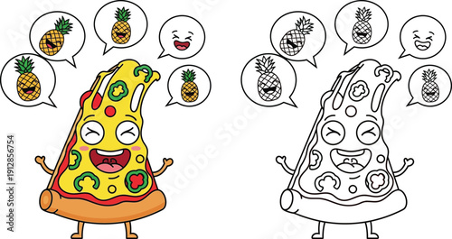 Laughing Pizza Slice Cartoon Debating Pineapple Toppings with Speech Bubbles Humorous Food Vector