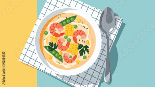 Top down view of a hearty seafood soup bowl with shrimp corn and green peas served on a blue checkered cloth.