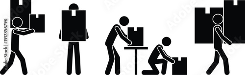 Comprehensive stick figure icon set featuring people in wheelchairs, couriers carrying boxes, runners, business people, and diverse human action pictograms.
