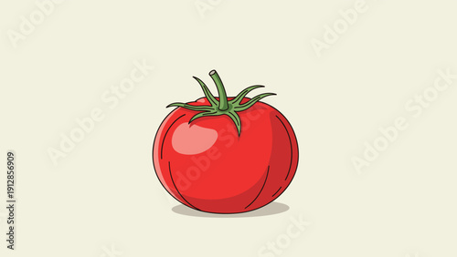 Vibrant red tomato with a green stem illustrated in a flat graphic style with soft shadows on a beige background.