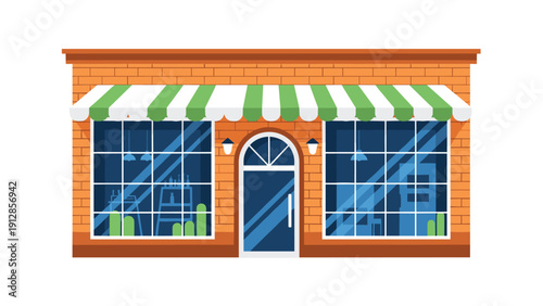 Illustration of a classic brick storefront featuring a green and white striped awning and large glass display windows.