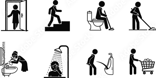 Daily Life Routine Stick Figure Icon Set Featuring People Washing Face Showering Using Toilet Cleaning House and Shopping for Personal Hygiene Concepts