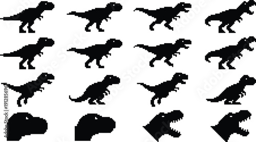 Pixel Dinosaur Silhouette Icon Set – 8-Bit Retro T-Rex Sprites Vector Pack, Black Icons, Isolated on White