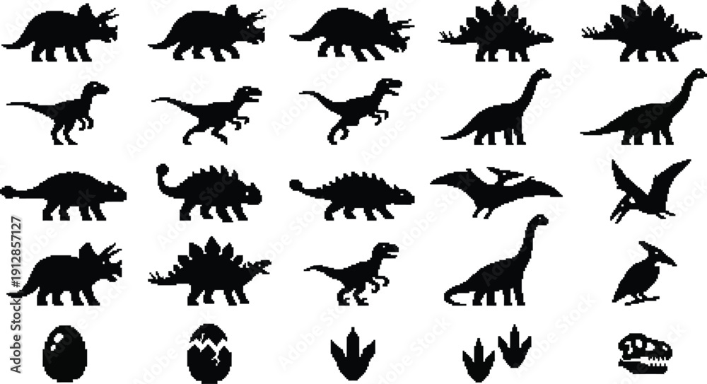 Fototapeta premium Pixel Dinosaur Head Silhouette Icon Set