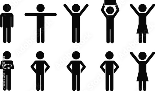 Education Icon Set Featuring Student Stick Figures Carrying Books and Bags and Celebrating Graduation Day with a Cap and Gown