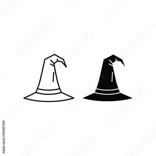 Contrasting black and white witch hats with pointed brims and decorative details