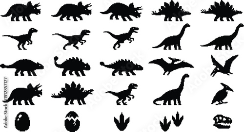 Pixel Dinosaur Head Silhouette Icon Set