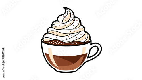 Hot cup of coffee or latte topped with a high swirl of whipped cream and decorative star-shaped sprinkles.