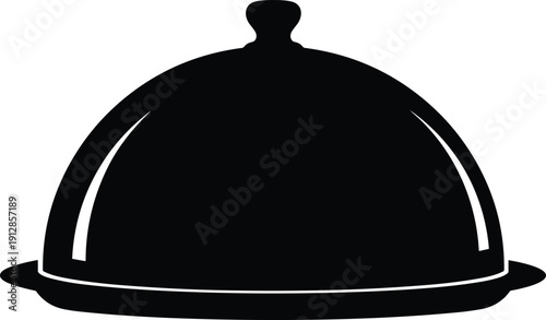 Black silhouette of cloche on serving tray, symbolizing gourmet food service, fine dining, hospitality, and culinary presentation in minimal black and white design.