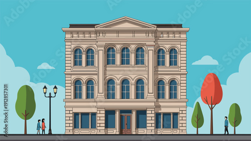 Urban street scene featuring a stately neoclassical building, sidewalks with pedestrians, street lamps, and autumn trees.