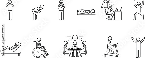 Linear stick figure icon set featuring a person in a wheelchair, treadmill exercise, business meeting, hospital bed, and emotional mental states