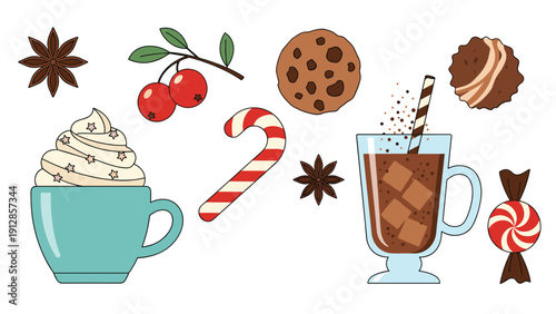 Assorted collection of winter holiday treats including hot cocoa, gingerbread cookies, candy canes, and festive spices.