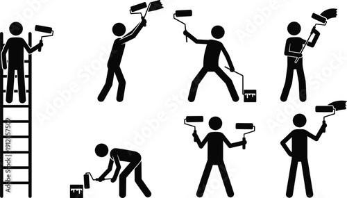 Professional House Painter Stick Figure Icon Set Featuring Workers with Rollers, Paint Buckets, Ladders, and Various Painting Poses for Renovation Concepts