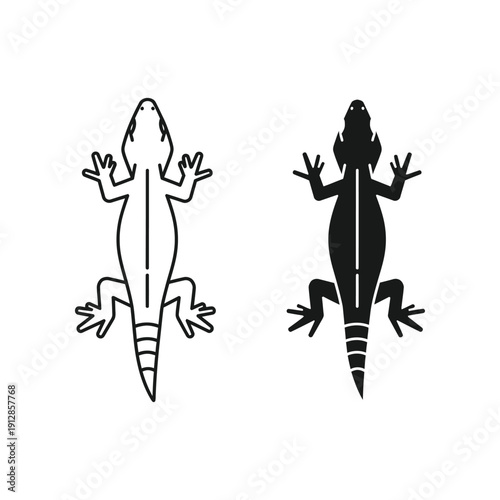 Black and white silhouettes of two different types of lizards facing opposite directions