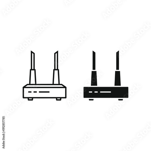 Two wireless routers with antennas displayed in black and white silhouette