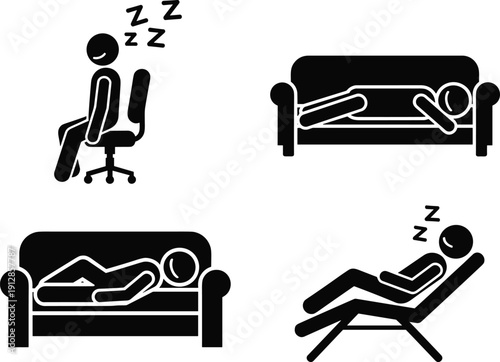 Set of stick figure icons depicting various sleeping and resting positions on a couch, office chair, and lounge chair, representing fatigue