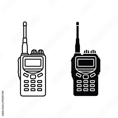 Two portable two-way radios displayed side by side in silhouette style