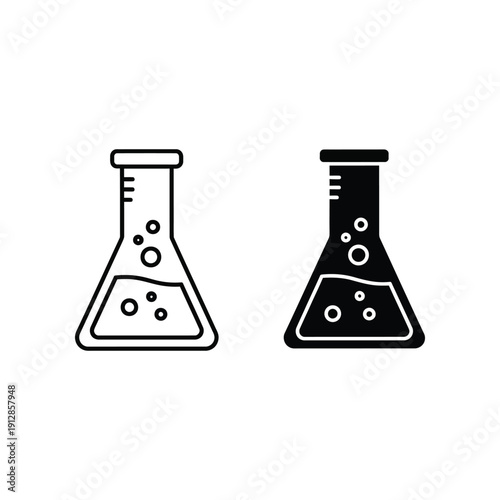 Two laboratory flasks with different liquid and bubble contents illustrated in black and white
