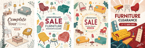 Stylish furniture sale banners featuring colorful illustrations and home decor items.