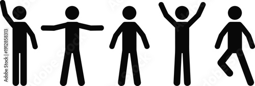 Stick Figure People Icon Set Featuring Characters Celebrating with Arms Raised Standing Still and Expressing Joy for Success and Community Concepts