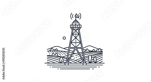 Cell tower standing on a hill with signal waves emitting from it surrounded by mountains
